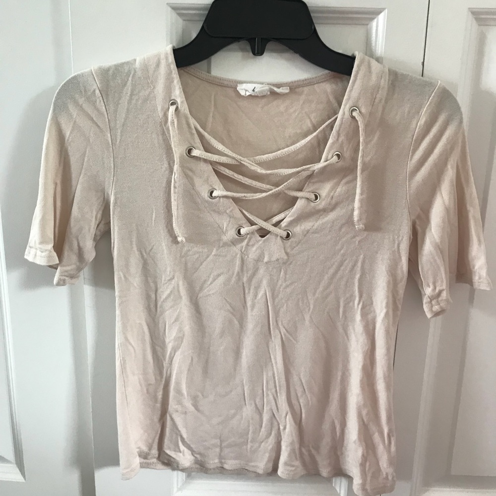 Beige lace up front crop top